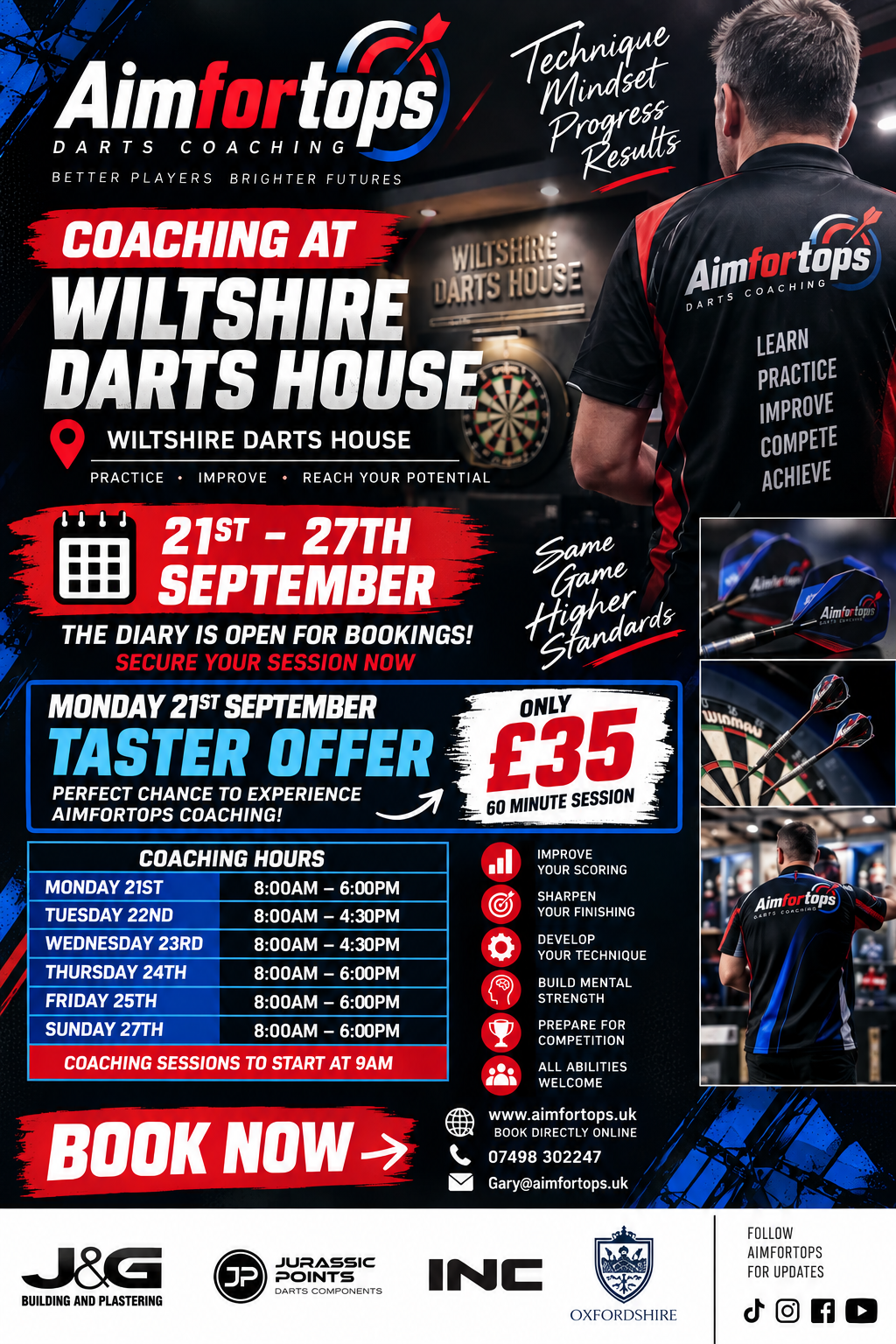 Aimfortops Wiltshire Darts House coaching 21st to 27th September, £35 Monday taster and coaching hours